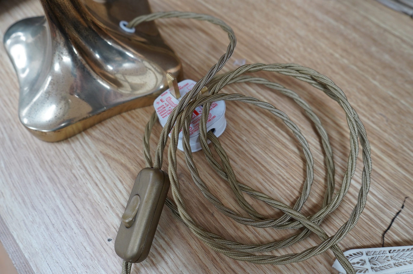 An English Retro brass mushroom style table lamp with opal shade, wired, 41cm high. Condition - good.